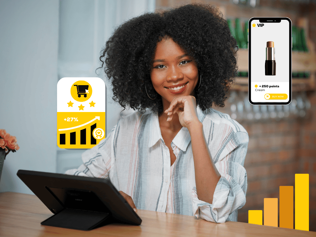 Image de KPI fidélité et d'une femme souriante